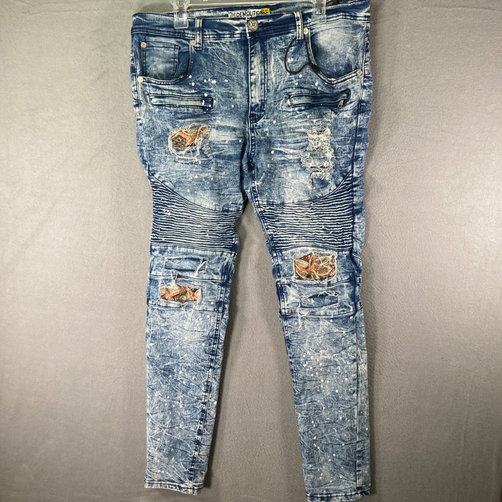 Mens Distressed Moto‎ Jeans 36 Blue Biker Grunge Y2K Streetwear Denim